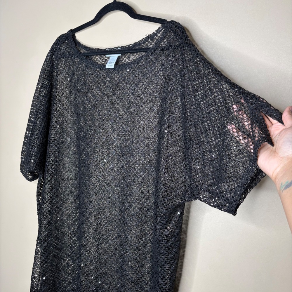 Catherines Black Sequin Mesh Open Knit Top Plus Size 1X 18W Night Out Party